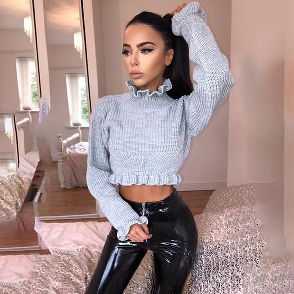 

simenual ruffles women's turtlenecks sweaters autumn winter knitted clothing fashion crop lady's sweater pullover sale y200116, White;black