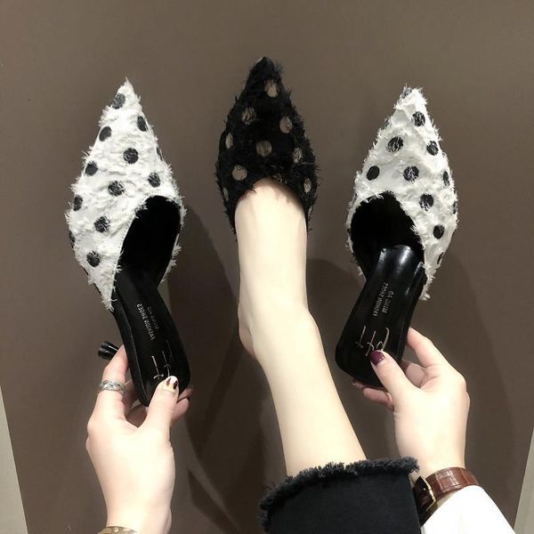 

women shoes 2020 spring new high-heeled slim heel pointed baotou one line mop for women's sandals