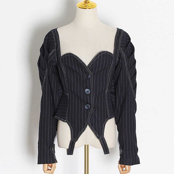 

women vintage jacket coat reversible off shoulder stripe high waist tunic jacket 201013, Black;brown