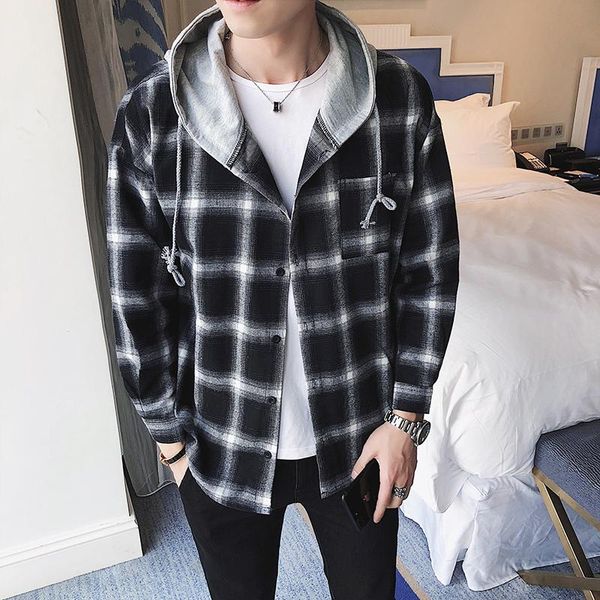 

men's casual shirts hip hop plaid men streetwear mens hooded shirt spring autumn 2021 cotton long sleeve, White;black