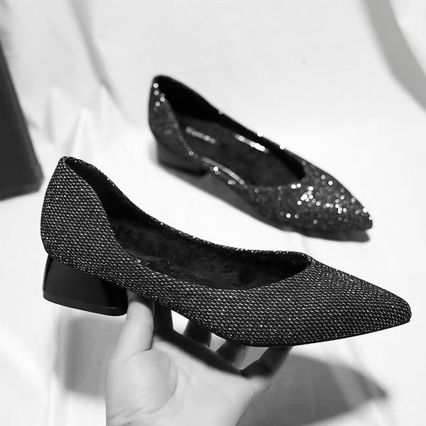 

dress shoes pointed toe shallow single female thick heels black pumps winter plush office ladies sliver heeled glitter