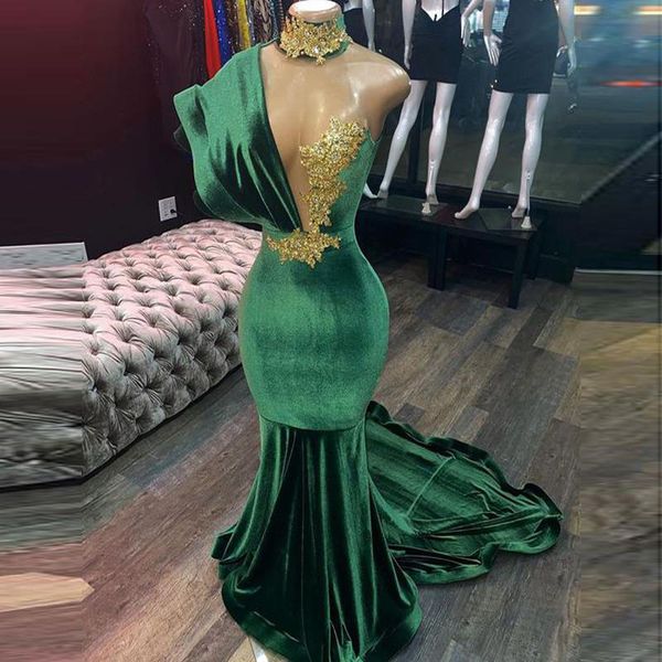 

velour green prom dresses with gold lace appliques sheer neckline mermaid evening gowns arabic robe de bal femme longue, Black