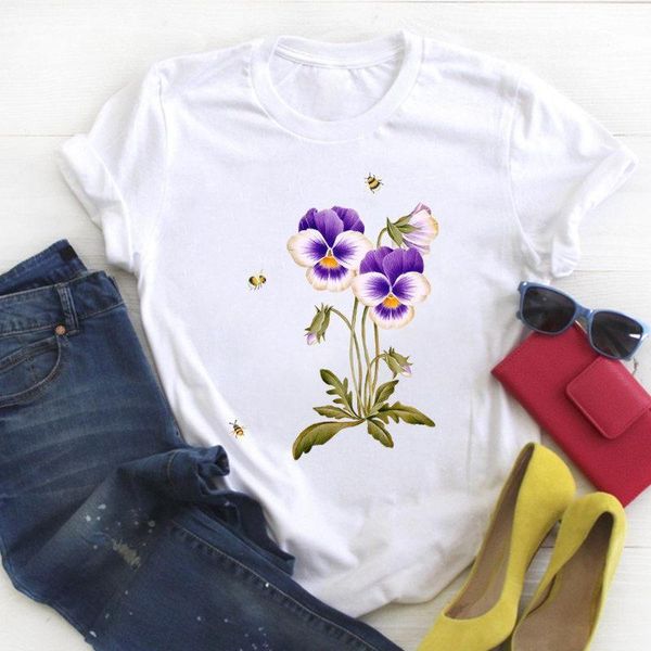

cartoon flower t-shirt female wild plant clothes ladies short sleeve harajuku tee printed graphics t-shirt female, White