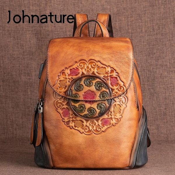 

johnature retro first layer cow leather backpack women bag 2020 new handmade embossing large capacity genuine leather bagpack