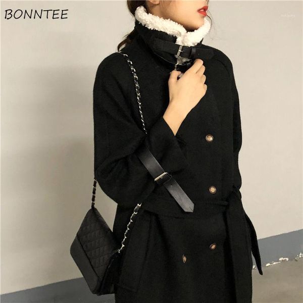 

blends women winter thicker wool chic elegant thickening simple ins preppy girls outwear daily vintage lady coat double breasted1, Black