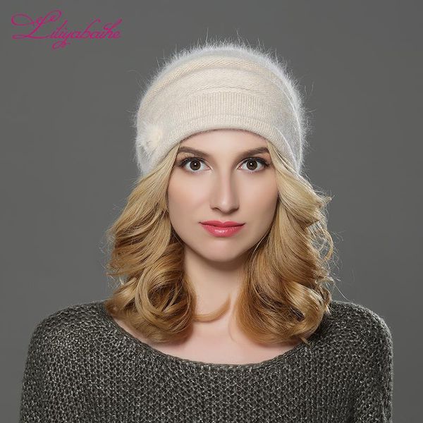 

liliyabaihe new style women winter beanies hat knitted wool angora hats mink balls and pearl decoration cap double warm hat, Blue;gray