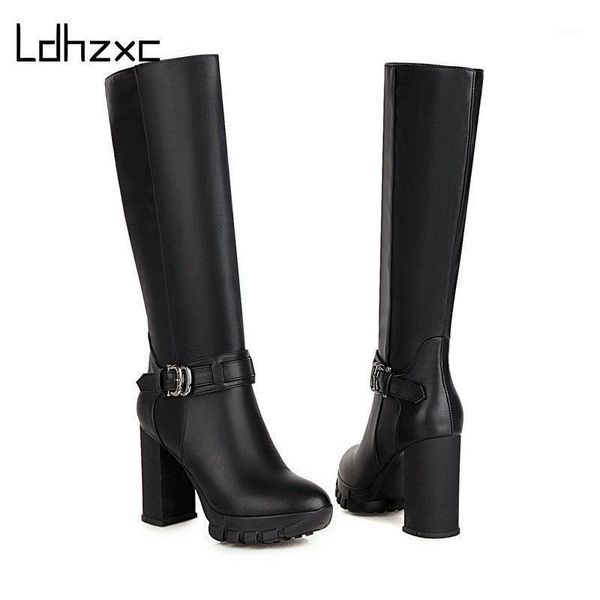 

ldhzxc big size 33-43 fashion knee high boots genuine leather boots high heels round toe zip women ladies shoes1, Black