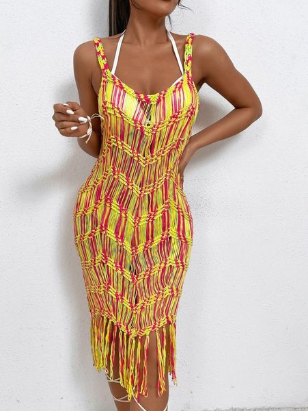 

fringe hem crochet cover up dress s7th#, White;black