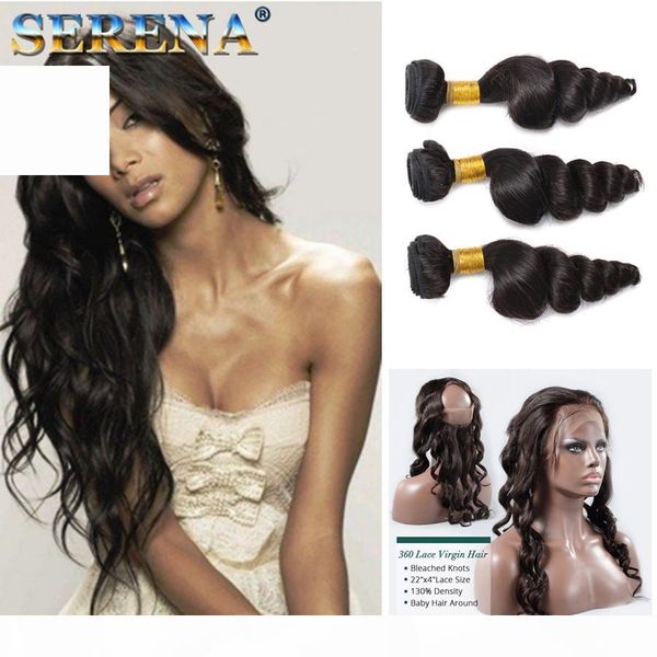 

360 full lace frontal closure with 4pcs human hair weave bundles 360 lace frontal with bundles malaysian loose wave virgin hair extensions, Black;brown