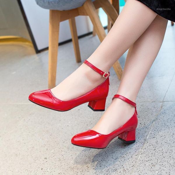

dress shoes ymechic summer 2021 patent pu block high heels ankle buckle mary jane office red black pink womens pumps big size1