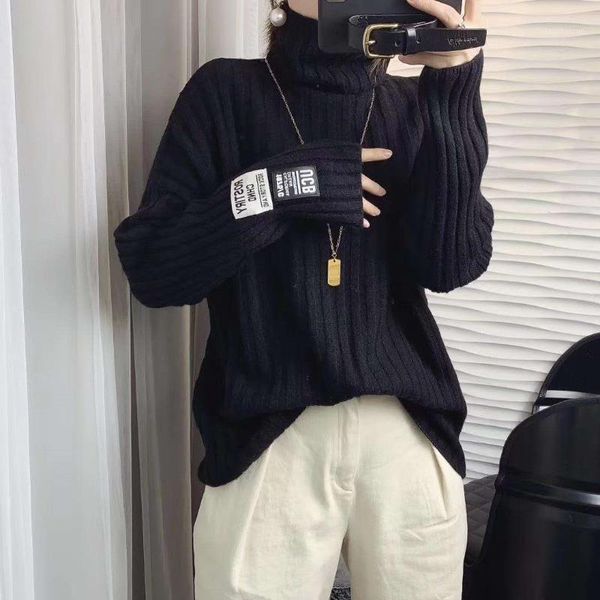 

turtleneck women sweater women black long sleeve pullover 2020 autumn winter casual jumper loose sweaters oversized ns46991, White;black