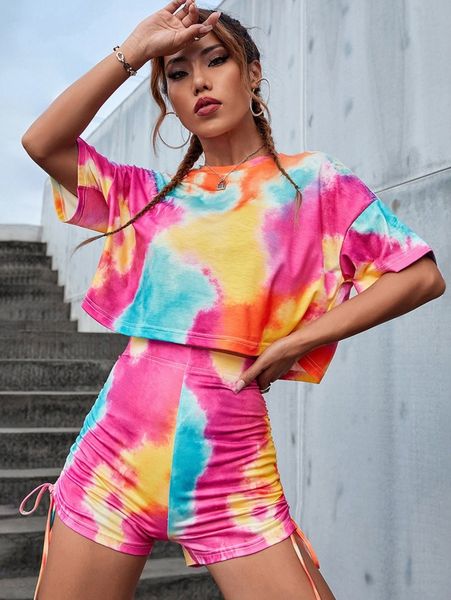

tie dye drop shoulder tee & drawstring side biker shorts q2an#, White