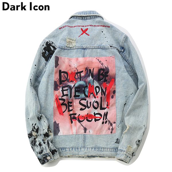 DARK ICON Graffiti Appliques Hip Hop Jeans Jacket Uomo Autunno Materiale di lavaggio Giacche di jeans per uomo Giacche casual 201120