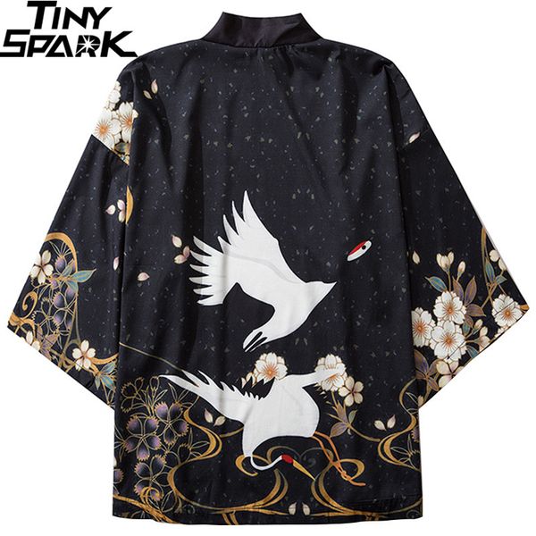 

streetwear japanese kimono jacket flying crane print harajuku hip hop men jacket japan clothing summer thin loose kimono 201123, Black;brown