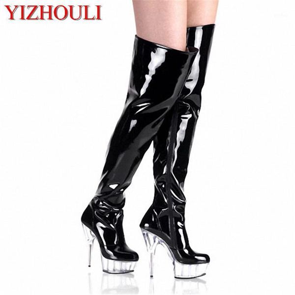 

professional bright paint glue tube pole dancing knee-high boots 15 cm high with crystal waterproof boots1, Black