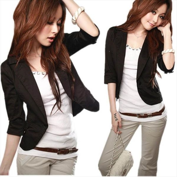 

s 3xl 2021 women new autumn women three quarter sleeve solid slim coat jacket outwear single button, Black;brown