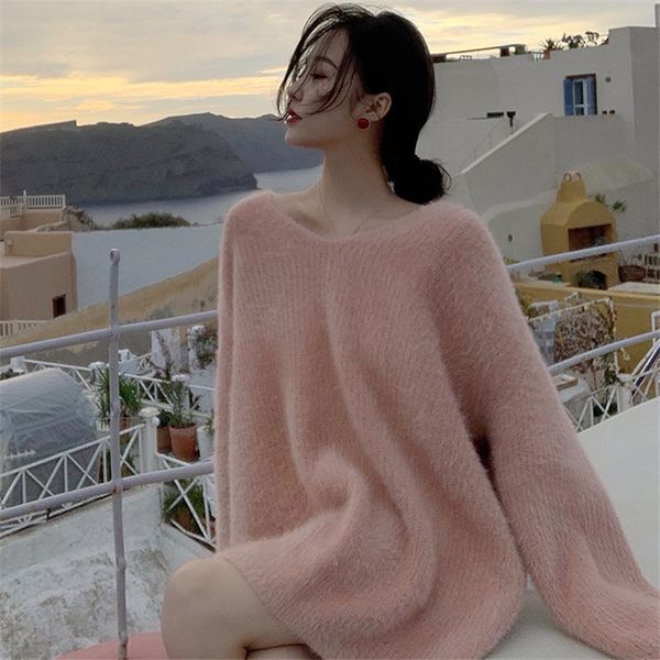 

2021 New Loose Mesh with Low-v Sweet Long Pink Sweater Korean High-fall Chic Street Pure Jumpers FVLQ, White;black