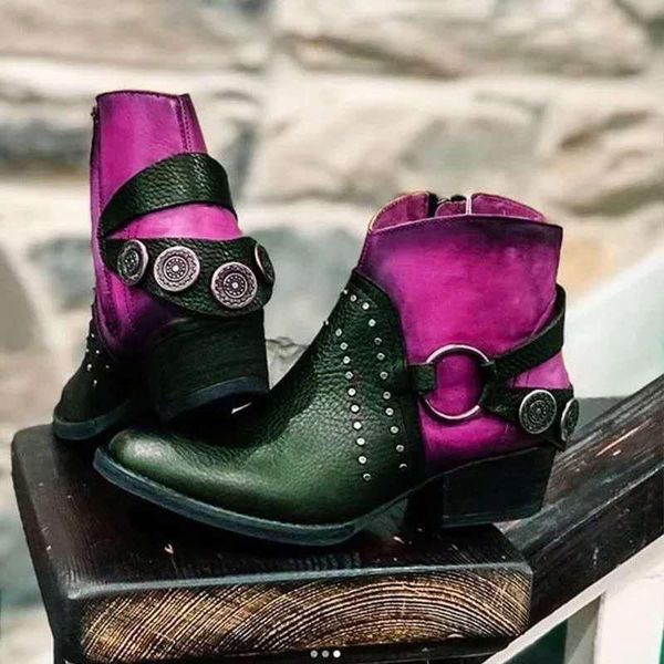 

boots 2021 women ankle ladies big size british pu rivet metal buckle woman female chunky heels fashion ring shoes, Black