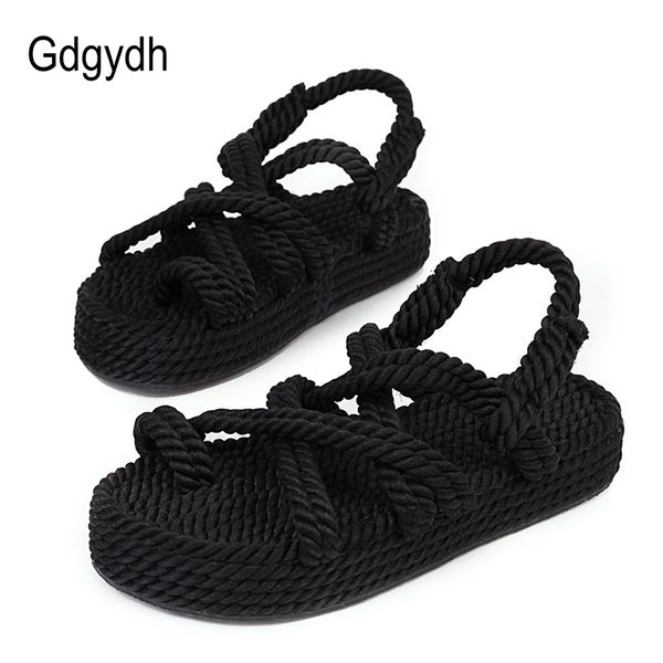 

gdgydh 2020 new summer vintage woman flip flops beach sandals ladies rope sandals platform heel casual shoes flats comfortable t200628, Black
