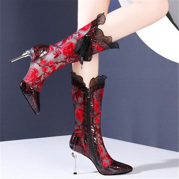 

spring new fashion pointed toe boots stiletto boots rose net gauze metal heeled women, Black