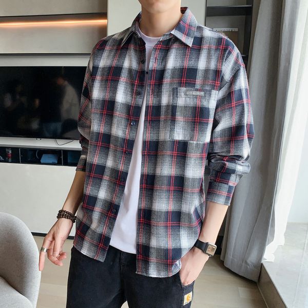 

2021 brand spring autumn long sleeves new flannel collar korea style shirt for men's plaid harajuku clothing orge, White;black