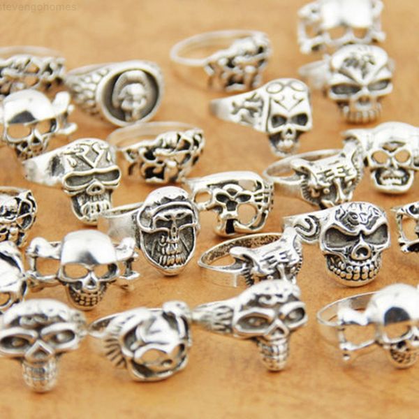 

boy senhua wholesale lots mens 25factory mixed cool jewelry biker gothic style antique silver skeleton skull rings for h, Golden;silver