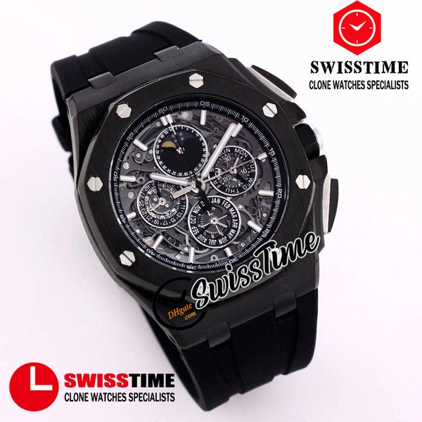 26571 26582 Quartz Chronograph Mens Watch Moon Fase Scheletro Stop Orco PVD All Black Steel Case Orologi in gomma 2022 Swisstime