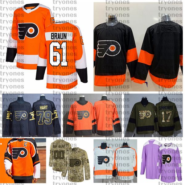 

2021 reverse retro customize #61 justin braun philadelphia flyers hockey jerseys golden edition camo veterans day fights cancer shirts, Black;red