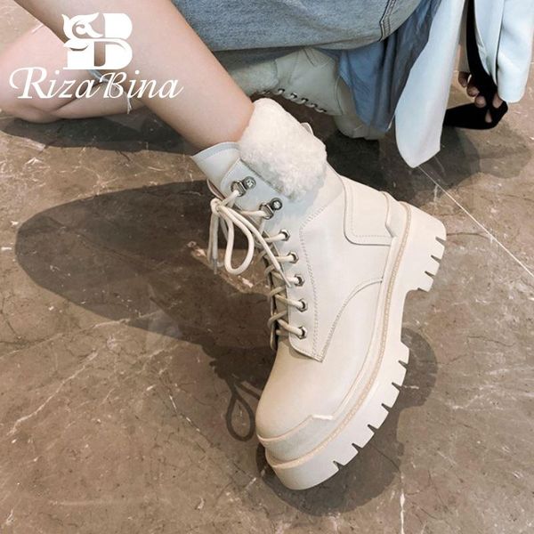 

boots rizabina real leather women short warm fur fashion platform winter shoes woman plush cross strap footwear size 34-39, Black