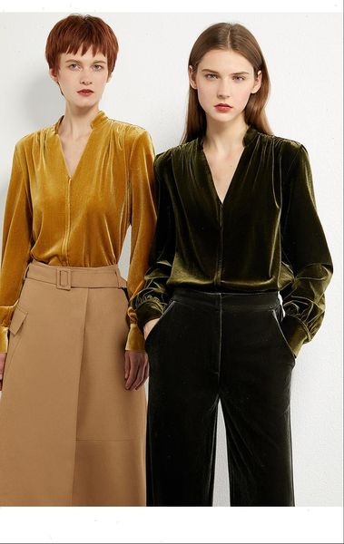 

minimalist retro hong kong style velvet shirt womens fall winter 2021 new loose v neck long sleeve pleated blouse 9, White