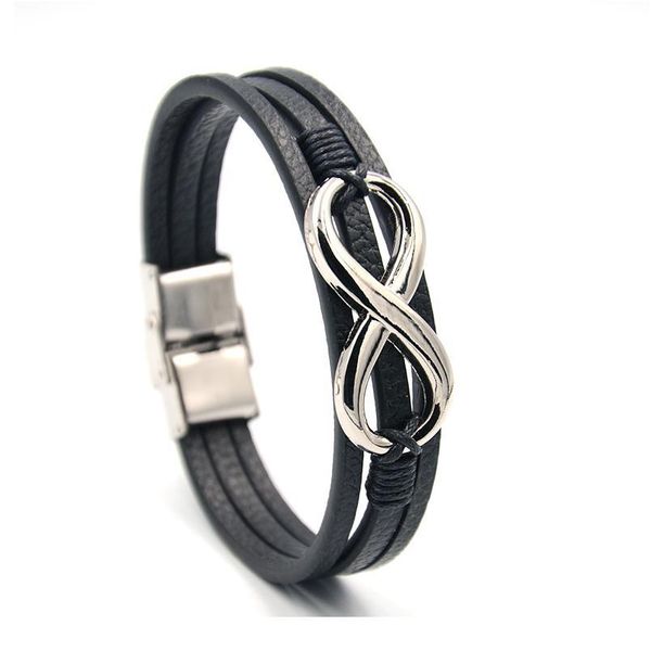 

junwei fashion men's alloy wireless symbol leather bracelet stainless steel release buckle bracelet multi-layer bracelet qylrtn