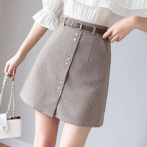 

новые летние мини-клетки для клетки женщины высокая талия однонадающаяся кнопка короткие юбки с поясом линия jupe femme slim юбка короткий х, Black