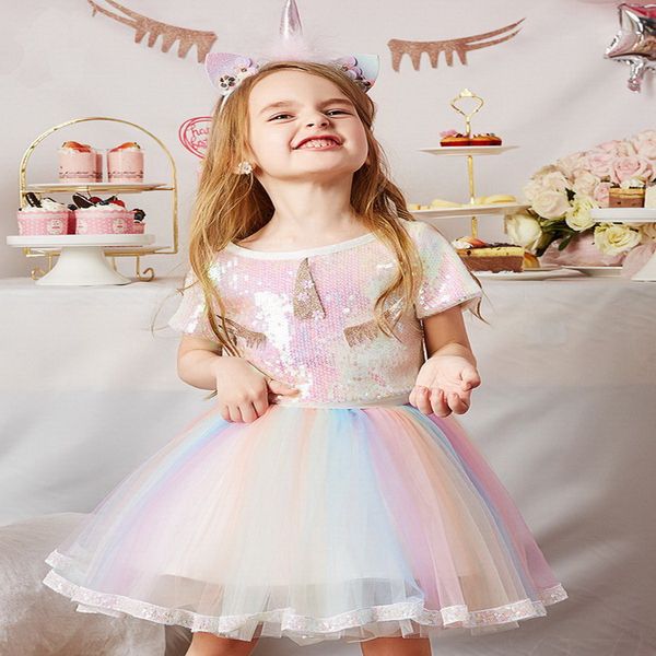 

2021 new summer girl sets unicorn sequin + rainbow chiffon skirt kids clothes e1288, White