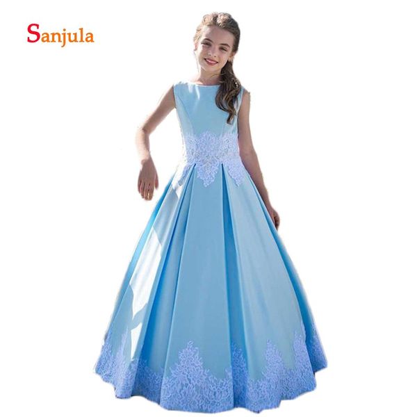 

blue satin flower girl dress for wedding white lace appliques bow lace up back pageant party gowns vestido de comunion d915, Red;yellow