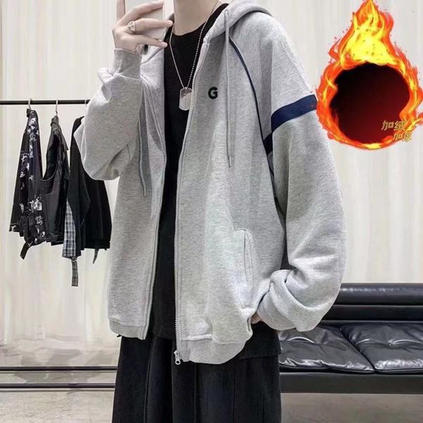 

autumn sports men's casual and coat winter korean versatile loose plush cardigan hoodie, Gray
