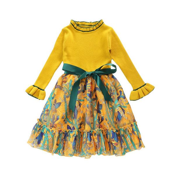 

girl's dresses girls dress 2021 spring children's thicken ocean lace sleeve sweater big boy's floral princess, Red;yellow