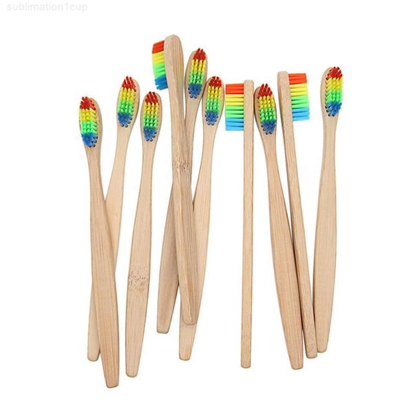 

7 colors head bamboo toothbrush wholesale environment wooden rainbow oral care soft bristle dhl