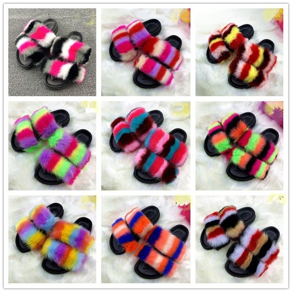 

summer slippers woman faux fox fur slides furry rainbow shoes plush slippers fashion outside casual flats, Black