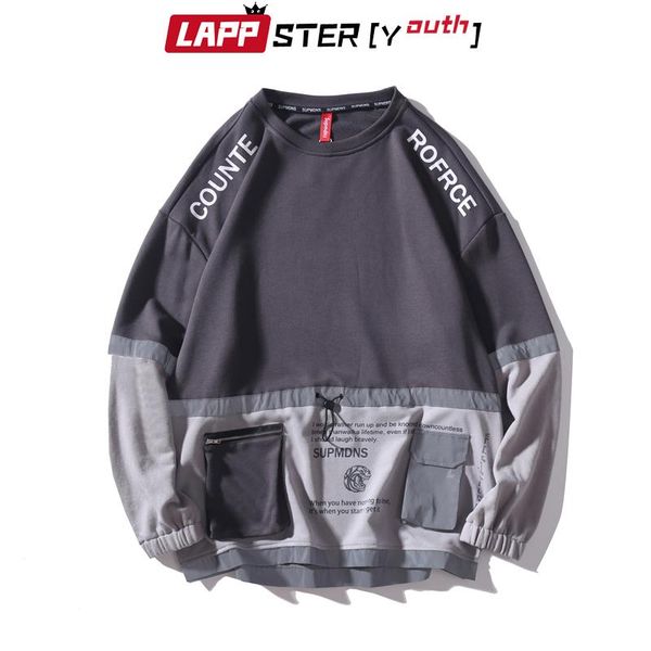 

lappster men patchwork pockets streetwear hoodies 2020 autumn letter print pullover mens hip hop korean sweatshirts plus size, Black
