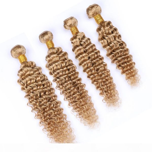 

malaysian human hair pure 27 honey blonde deep wave 4 bundles strawberry blonde deep wave curly virgin human hair weave wefts mixed length, Black