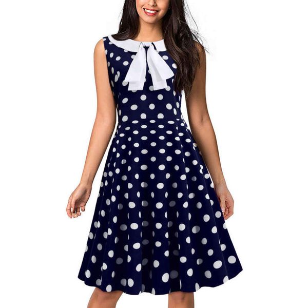 

neck y4092 summer women's dot round polka bow swing dress, Black;gray