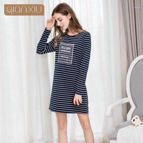 

qianxiu 2020 couple women's navy blue and white striped nightdress is the gift for her girlfriend 17881, Black;red