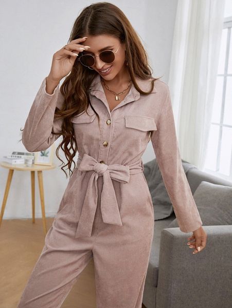 

slant pockets belted corduroy shirt jumpsuit c6lw#, White