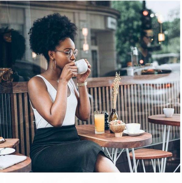 

short high ponytail afro puff curly ponytail hair extension dark brown indian virgin hair drawstring ponytail for black women 4colors