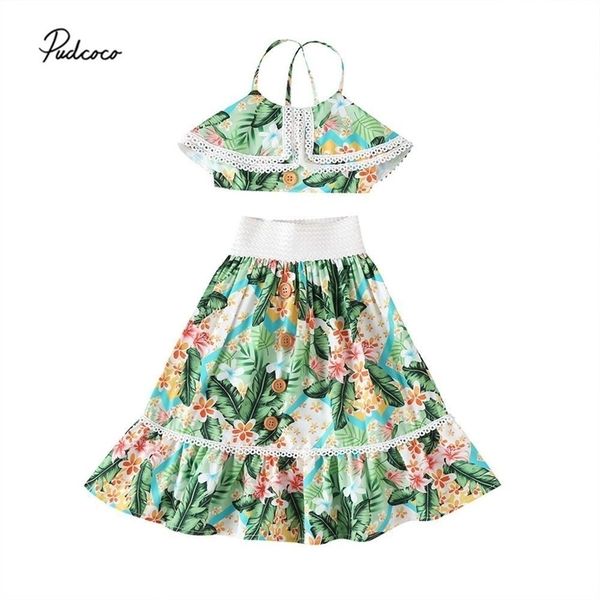 

1-6y toddler baby girls clothes sets flowers print ruffles sleeveless lace vest +boho skirts y200901, White