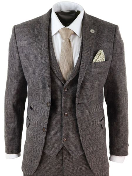 2020 Brown Mens Suits Lã 3 Peça Verificar Traje Home Tweed Fit Fit Peaky Blinds Gatsby 1920S Terno T200303