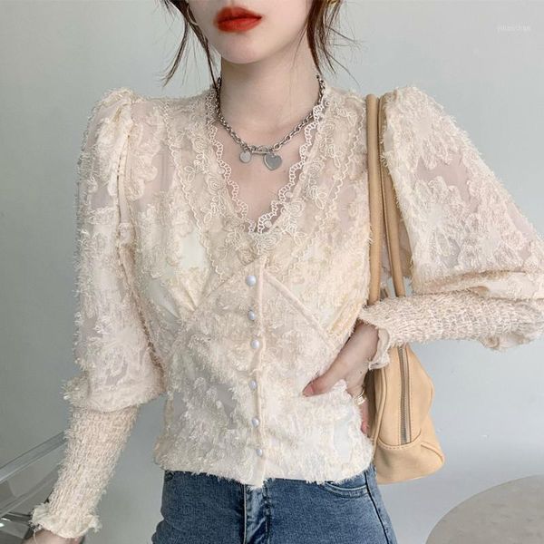 

blusa feminina autumn new women lace shirt korean style short chiffon blouse slim v-neck sweet long sleeve cardigan, White