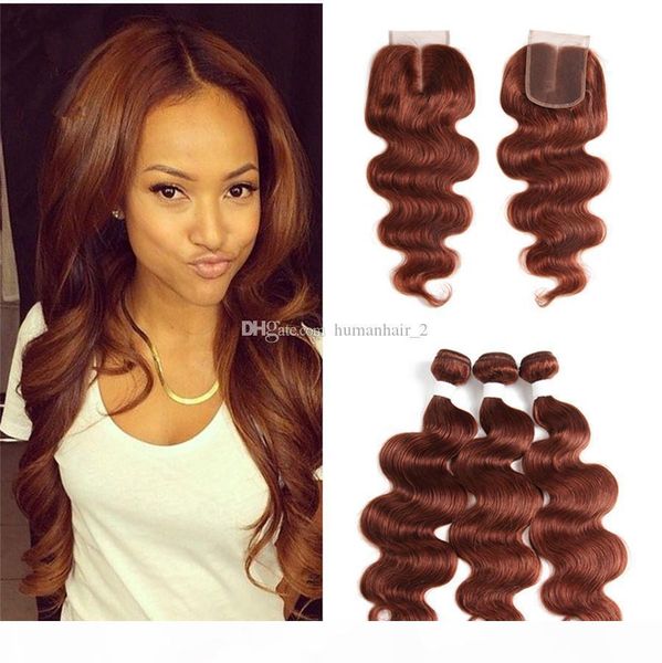 

auburn hair extension and lace closure body wave virgin hair extension color #33 auburn hair bundles with lace closure peruvian human bundle, Black;brown