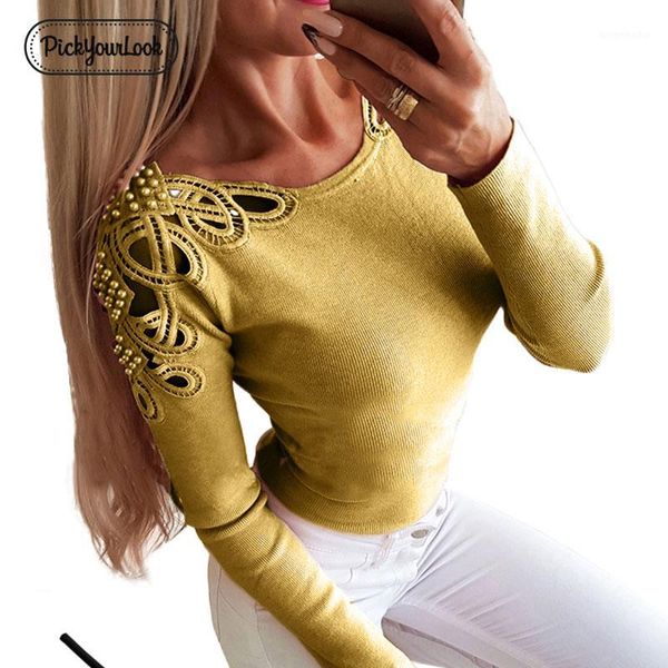 

pickyourlook knitted women sweater hollow out autumn pearl female jumper knitwear long sleeve solid ladies knitwear blusas1, White;black