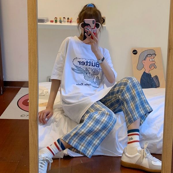 

houzhou blue plaid pants women plus size checkered pants women korean style casual trousers women oversize korean pants 201106, Black;white